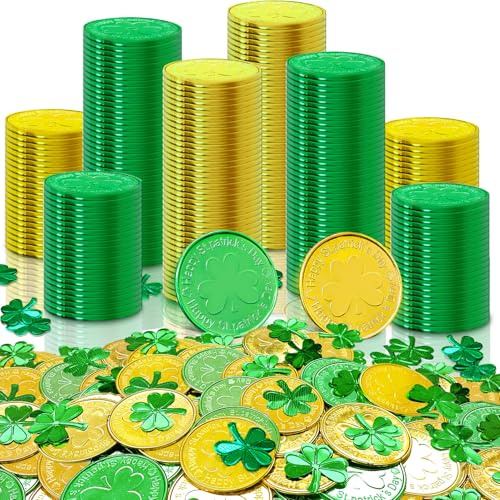 100 Pcs St. Patrick's Day Decorations Gold Green Coins, Shamrock Lucky Coins with 0.5 Oz Shamrock Clover Confetti, Irish Day Table Scatter Decoration for St. Patrick's Day Party Favors