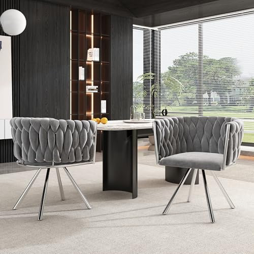 ModernLuxe Drehstuhl Samt Esszimmerstuhl Moderner Polsterstuhl 2er Set,mit 360°-Funktion,mit Metallgestel,ergonomischer Stuhl für Esszimmer, Wohnzimmer & Schlafzimmer, Grau + Silber