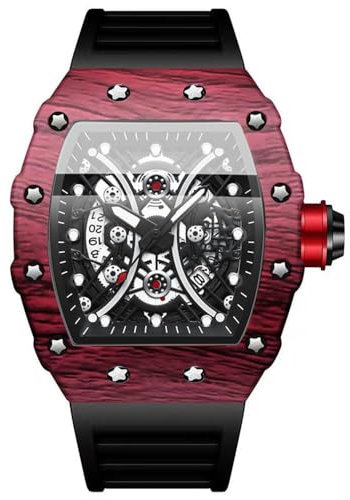 Herrenmode Quarzuhr Skelett Tonneau Großes Zifferblatt Simulierte Herrenuhr Armbanduhr Casual Business Schwarz Rot Silikon Armbanduhr-Black red