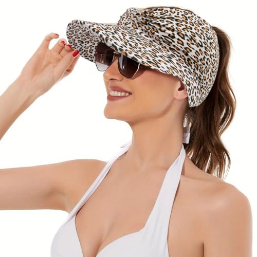 TYXHXTF Visor Cap Damen, Sonnenschutz Strand Hut, Sonnenhut Breiter Krempe, Leoparden Druck Faltbar Strandhut Sommer, für Outdoor Golf Tennis Laufen Wandern