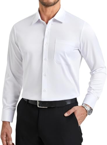 Enlision Mens White Long Sleeve Dress Shirt 4-Way Stretch Non Iron Button Down Shirts Wrinkle Free for Men Business Formal Wedding Regular Fit with Pocket XL