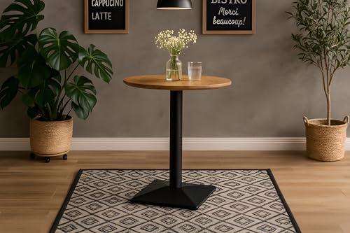 SAM Bistrotisch Brasilia | 70 x 70 cm rund | Akazienholz massiv | Farbe: Natur | Schweizer Kante | Säulenfuß Metall Schwarz | pflegeleichter Küchentisch/Kleiner Esstisch/runder Säulentisch