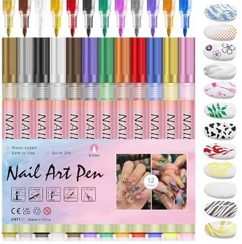 Nail Art Pens Set,12 Colors Nail Art Graffiti Pen Nail Drawing Pen,Quick Dry Waterproof Nail Art Markers for Drawing,Waterproof Nail Polish Pens Set,Nail Varnish Pens,0.7mm Quick Dry Nail Art