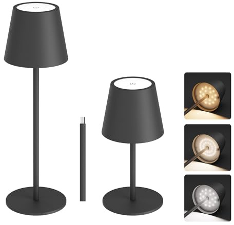 Aipsun Dimmbare led akku tischleuchte höhenverstellbar Schwarz 23/36.5CM, | 2 Stück/5000mAh(5V 2A),3W 2700/4000/6000K tischleuchte kabellos,metall,IP44 Outdoor Tischlampe für Schlafzimmer, Büro,Bar