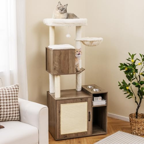 COSTWAY Kratzbaum mit Katzenklo Schrank, Katzenschrank für Katzentoilette, Katzenkratzbaum mit Sisalpfosten, Plattformen, Kratzmatte, Höhle & 2 Futternäpfen, Holz, Katzenbaum Katzen (Grau)