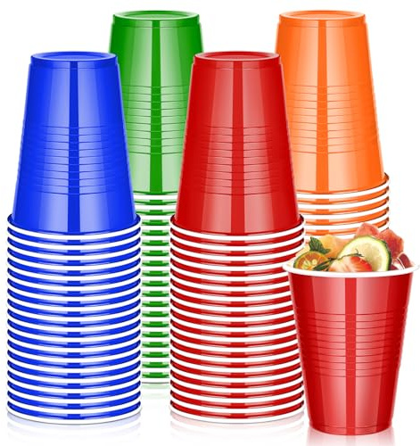 KesaPlan 100Pack 450ml Colourful Plastic Party Cups - Red, Green, Orange and Blue Cup Bulk Rainbow Party Cups for Wedding Birthday Party Supplies