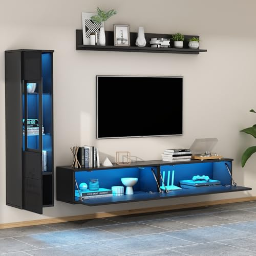 NuvlaGu Ensemble de meubles de salon 3 pièces avec éclairage LED, noir brillant, ensemble de meubles de salon avec meuble TV, vitrine et étagère murale, moderne, pour grands téléviseurs jusqu'à 79