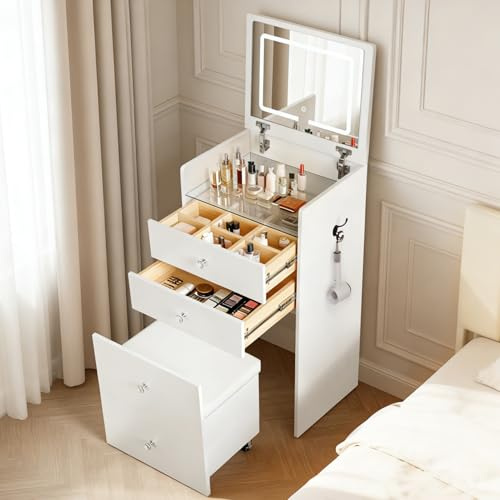 Nivadeui Kleiner schminktisch Schmal mit Beleuchtung, Kosmetiktisch mit Klappspiegel, Haken, 2Schubladen, Aufbewahrungshocker, Dressing Table Schminkkommode Frisiertisch für Schlafzimmer, Weiß