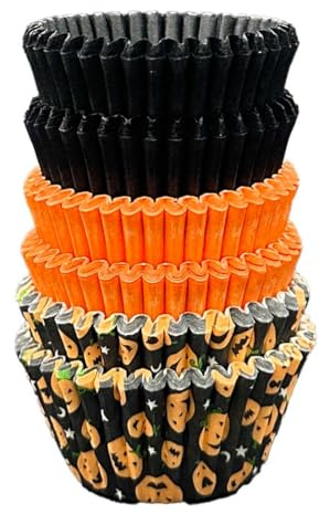 Scrumptious! - 150PC Mini Muffin Cases - Halloween Pumpkin, Orange and Black Mix - 45GSM 31mm x 23mm Paper Baking Cases - Great for Halloween and Autumn Themed Party Cakes, Bakes, Sweets And Treats