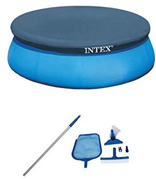 Intex Swimming Pool Kit w/Vacuum Skimmer, Pole, Debris Round Cover Tarp