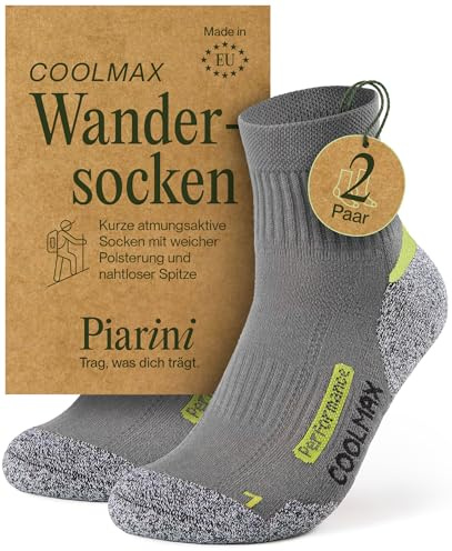Piarini 2 Paar Coolmax Wandersocken Sommer Kurz, Atmungsaktiv, Anti Blasen & Geposltert - Outdoor Trekkingsocken Damen Herren - Gr. 35-38 bis 47-50