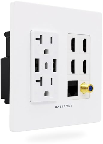 BASEPORT Premium Media Wall Outlet | Dual 6.3A USB-A 2.0 Ports - 1 USB-C 3.0 Port - 4 HDMI - Cat6 Ethernet - 20A Dual Power Outlet - Coax Cable - White Face Plate