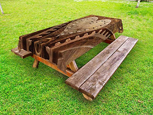 Abakuhaus Steampunk Outdoor-Tischdecke, Herz-Form und Nieten, dekorative waschbare Picknick-Tischdecke, 145 x 265 cm, Braun