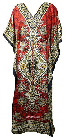 Art Of Creation Women's Kaftan Dress Maxi Long Dress Night Gown Caftans Dresses 3/4 Sleeve Top Nightdress Plus Size Tunic Kaftans House Dresses Color-Red