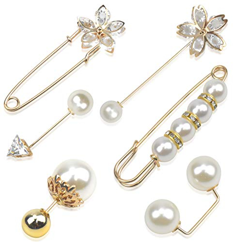 Pinsheng Broche Perle, Comprenant des Épingles à Double Fausse Perle et des Pinces pour Châle en Cristal pour pull, châle, robe, cardigan(6pcs)