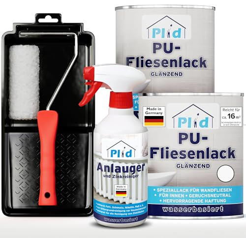 Plid® Fliesenfarbe Badezimmer & Küche Weiß Glänzend 1,5l mit Anlauger | Feuchtigkeitsbeständig, Fürs Bad, Fliesen neu streichen & lackieren, Innenbereich, 3in1 Fliesen Farbe Lack Set