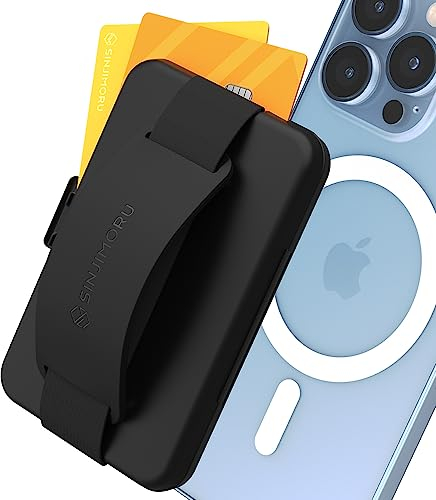 Sinjimoru Magnet Handy Kartenhalter für MagSafe, Kreditkartenetui als Handyständer für Tisch und Fingerhalter Magnetic Card Holder Wallet für iPhone 15 14 13 12 Reihe. M-Card Zip Schwarz