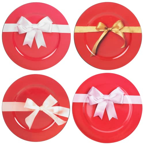 Set di piatti decorativi da 33 cm con fiocco rosso sotto il piatto di Natale da pranzo (4)