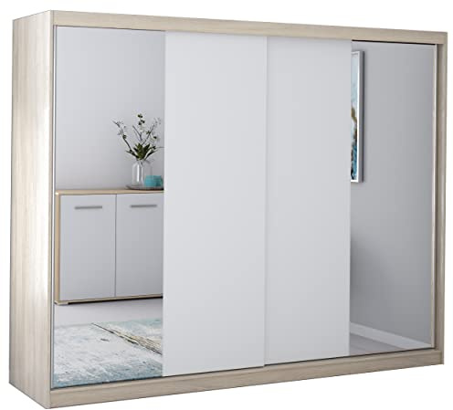 Fabryka Mebli Idźczak Kleiderschrank mit Spiegel, Wohnzimmerschrank - Weiß, Sonoma Schwebetürenschrank, Schlafzimmerschrank - 61 x 233 x 218 cm - Schrank für Schlafzimmer, Wohnzimmer, Garderobe