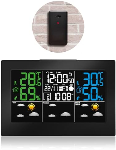 FISHTEC - Station Météo LCD Couleurs avec Capteur Extérieur Sans Fil - Prévisions Météo J+3 - Fonction Alerte Gel - Température - Taux d'humidité - Pression Atmosphérique - Heures - Phase de la Lune
