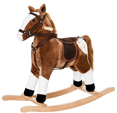 Qaba Kids Rocking Horse Plush Ride On Toy Toddler Rocker for Boys Girls Gifts with Realistic Sounds, Brown
