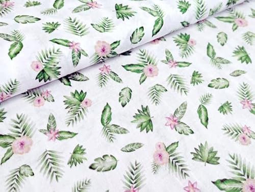 Musselin Palmenblätter mit Blüten auf Cremeweiß Stoff Meterware Kleiderstoff