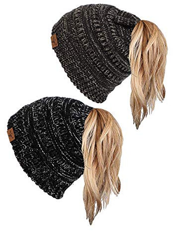 sy soul young Pferdeschwanz Messy Bun Beanie Tail Knit Hole Strickmütze Weiche Brötchen Winter mütze mit zopfloch für Damen(Einheitsgröße,2er-Pack–3-Ton-Schwarz und 3-Ton-Grau)