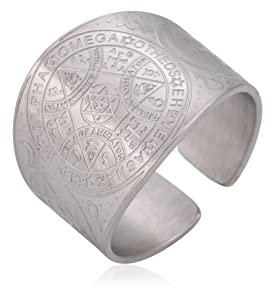 KKJOY Enochian Angel Amulet Wide Band Ring Stainless Steel Star of David Hexagram Triangle Adjustable Open Finger Rings Magic Talisman Jewelry for Men Women(Silver,Diameter 20mm)
