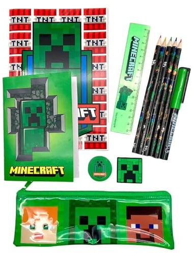 Minecraft Schreibwaren-Set mit Etui – Schulmaterial – 2 Notizbücher, Buntstifte, Radierer, Spitzer und Lineal – Charakter- und Creeper-Design, bunt, Mediano, Minecraft Schreibwaren-Set mit Etui