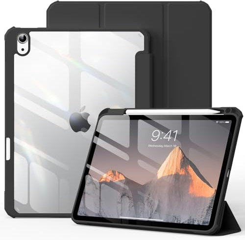 ZOYU Hülle für iPad Air 11 Zoll 2025/2024 (M3/M2 7./6. Gen), iPad Air 5. / 4. Generation 10,9 Zoll 2022/2020 mit Stifthalter, Transluzent Rückseite Tragbar Schutzhülle, Auto Wachen/Schlafen, Schwarz