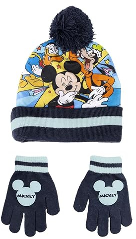 Disney Pack de Gorro y Guantes Multicolor - Talla Única - Elaborados en Acrílico y Poliéster - Estampado de Mickey, Goofy y Pato Donald - Producto Original Diseñado en España