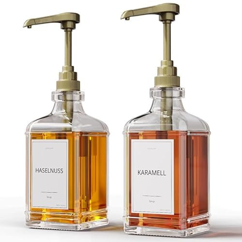GREYMOUNT ® Lot de 2 distributeurs de sirop - 500 ml - En verre - Avec pompes doseuses dorées - Pour café, cocktails et plus encore - Anti-fuite et anti-goutte - Avec 24 étiquettes et entonnoir