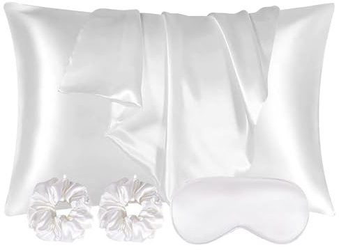 AUAUY 2er Set Satin Kissenbezug Kissenhülle 50x80cm,Weich wie Seidenkissenbezug,Bessere Pflege als Silk Pillosecase,Satin Kopfkissenbezug Kissenhülle für Haar und Haut mit Augenmaske 2 Haargummis-Weiß
