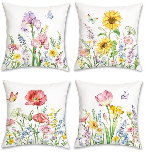 Bonhause 4er Set Kissenbezüge Blumen Garten 45 x 45 cm Tulpen Iris Sonnenblume Mohn Samt Soft Dekorative Kissenhülle Zierkissenbezüge für Zuhause Frühlings Sommer Dekoration