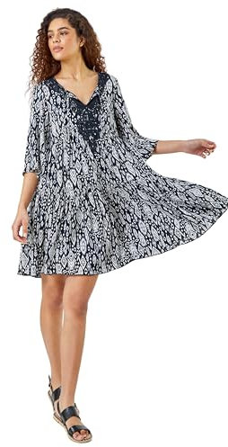 Roman Originals Smock Dress for Women UK Ladies Cotton Summer Embroidered Frilled Tiered Casual Beach Cruise Holiday Cocktail Party 3/4 Sleeve Pull On Gathered Skirt - Black Ivory - Size 10