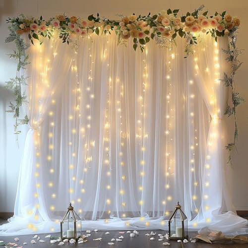 10x10ft White Tulle Backdrop Curtain With Lights String for Wedding Parties, Birthday, Bridal Baby Shower - Sheer Photography Background Home Decoration