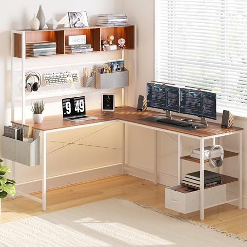 Dowinx LED Gaming Tisch, L-förmiger Schreibtisch mit Stecktafel und Stauraum, Umkehrbarer Computertisch mit Steckdosen und USB, Büro-Eckschreibtisch für Heimspiel Braun, 120x148cm