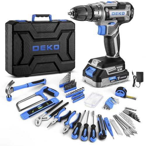 DEKO Cassetta Attrezzi Completa con Trapano Avvitatore Batteria 20V, 186 Pezzi, Set Completo di Punte(Blu)
