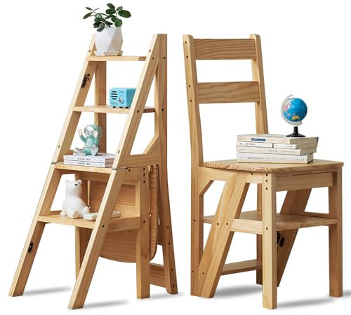 FGNIXLN Scaletta, Scala a 4 Gradini, Scaletta Pieghevole, 2 in 1 Scaletta e Sedia Pieghevole in legno, Facile da Riporre,Portata Fino a 180 kg, Adatta Per Cucina, Casa, Biblioteche e Altre