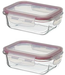 LOLAhome Set de 2 fiambreras de cristal con tapa hermética de 370 ml. Juego de 2 recipientes herméticos de vidrio de borosilicato transparente apto para microondas, horno hasta 400ºC y congelador.