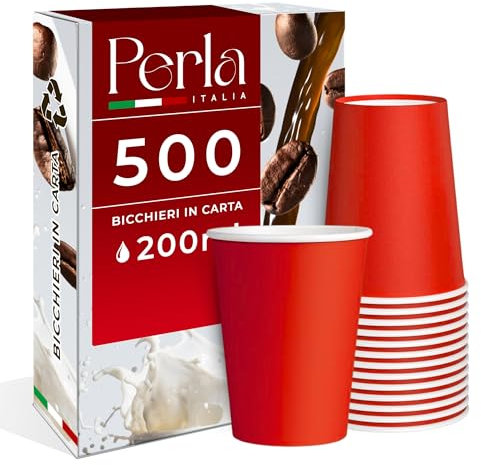 Perla, 500 Bicchieri in Carta da 200ml Colore Rosso Ecologici Biodegradabili Monouso, Adatto per Bevande Fredde e Calde, Prodotto e confezionato in Italia, Made in Italy