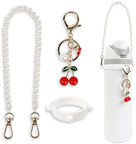 Handle Strap and Cherry Charm Set for Owala Water Bottle 24 oz, 32 oz, 40 oz, Owala Kids, Owala Coffee Tumbler, Owala FreeSip, for Owala Accessories & Stanley Cup Accessories (Beaded White)