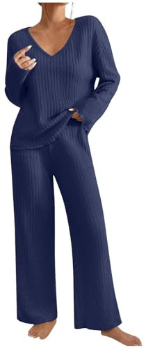 Hausanzug Damen Jogginganzug Set Black Loungewear Friday 2024 Neu Gerippt Lounge Set 2 Teiler Sportanzug Damen Y2K Outfit Strick Homewear mit Pullover und Weites Bein Hose Freizeitanzug Sleepwear