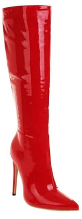HQINGAXU Stivali al Ginocchio Punta Stiletto Alto in Pelle Lucida Grandi Misure Passeggio Cerniera Laterale Stivali da Danza Cosplay Sexy Stivali Lunghi Invernali Polpacci Larghi,Rosso,41 EU