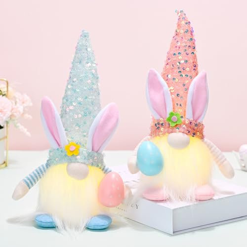 ENLACE 2 Stück Osterwichtel, Beleuchteter Wichtel Ostern mit Led, Osterwichtel mit Eier, Handgemachte Ostern Wichtel Hasen Puppen, für Osterdekoration Tischdeko Frühlingsdeko Geschenk