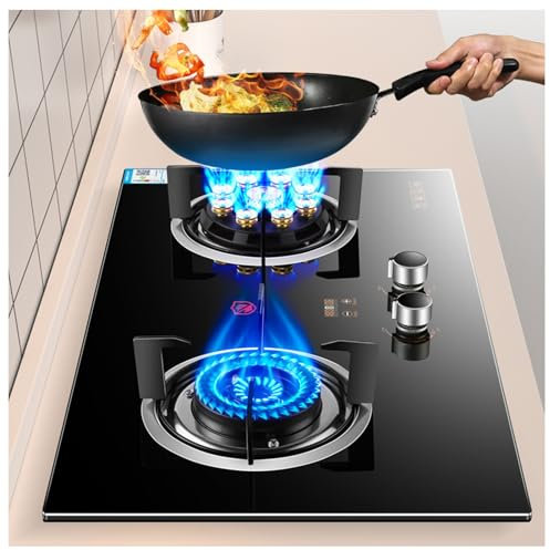 Stufa a gas a 2 bruciatori con pannello in vetro temperato 5.0kW/5.2kW Alta fiamma 9 cavità Timer per gas naturale/GPL Apparecchio da cucina interno