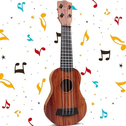 Mini Gitarre, Kindergitarre, Kunststoff Spielzeug Gitarre, Ukulele Gitarre Spielzeug, Gitarre Spielzeughen, Ukulele Kinder mit 4 Verstellbaren Seiten, für Kleinkinder (38cm / Mahagoni Farbe)