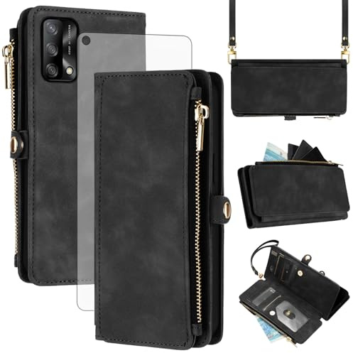 Asuwish Handyhülle für Oppo A74 4G/F19 CPH2219 Hülle mit Band und Folie Schutzfolie RFID Kartenfach Klappbar Leder Blumen Geldbörse Ständer A 74 74A F19S A95 Wallet Schutzhülle Phone Case Schwarz