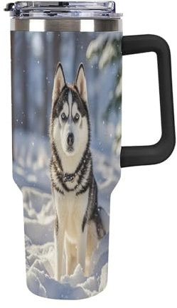 JTREWBV Thermobecher aus Edelstahl, isoliert, mit Griff, Motiv: Wolf im Schnee, auslaufsicherer Autobecher mit Deckel und Strohhalm, 1,2 l