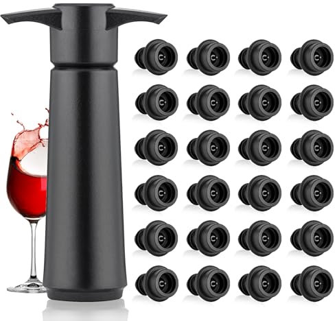 Pompe à Vide pour Vin avec 24 Bouchons, Bouchon Vin Vide Air, Réutilisable Bouchon Bouteille Vin, Accessoires Vin, Garde le Vin Frais 1 Pompeà Vide et 24 Bouchonsà Vin, Noir
